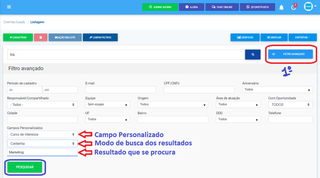 consultar clientes pelo campo personalizado Meets 