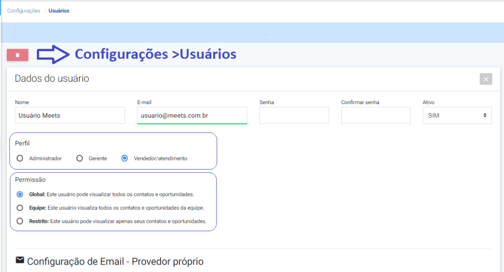 mudar e-mail do usuário Meets