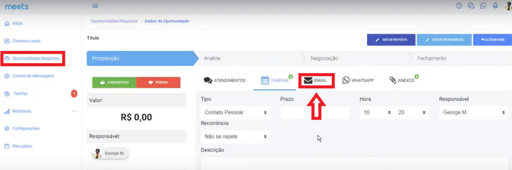 enviar e-mail do Meets