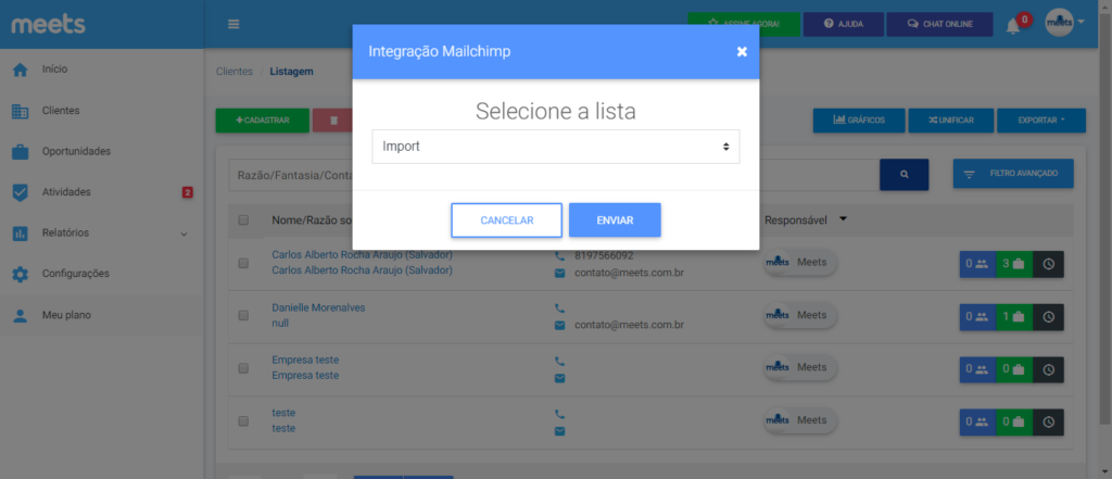 enviar e-mails do Meets via MailChimp